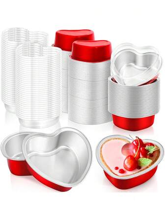 10 piezas de Moldes de Papel de Aluminio Miniatura para Hornear, Moldes de Pastel con Forma de Corazón Rojo para el Día de San Valentín con Tapas, Contenedores de Pastel y Postre para Fiesta de San Valentín y Cumpleaños
