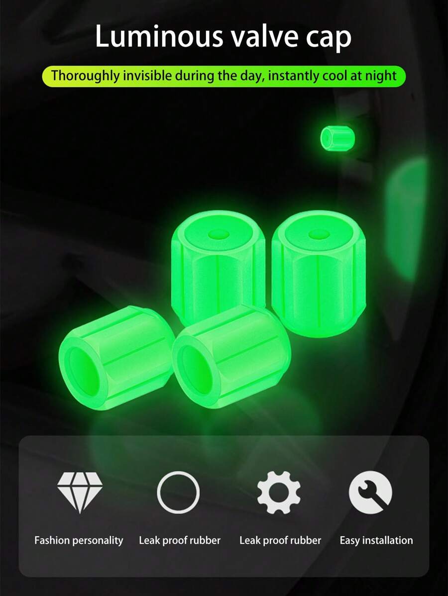 4 件/套多色夜光汽车轮胎气门帽，摩托车加强型辉光照明气门杆帽，电动自行车轮胎气门帽，带自发光设计