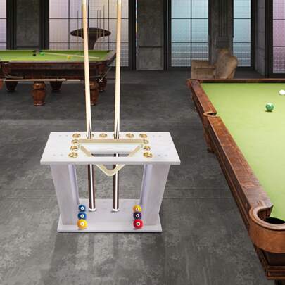 YUNRUX Soporte para tacos de billar, soporte esquinero, 16 tacos, bolas de billar, madera blanca, estante para tacos de billar, mesa de billar