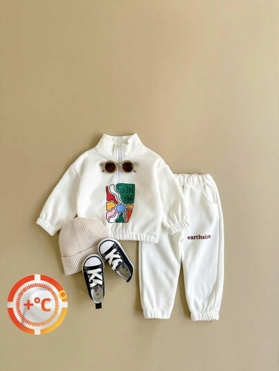 新生男婴字母印花拉链连帽衫和裤子套装，保暖内衬两件套冬季服装