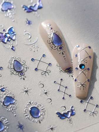 1pc 3D Embossed Blue Fantasy Nail Art Stickers, Bowknot, Starry Sky, Butterfly, Four-Pointed Star