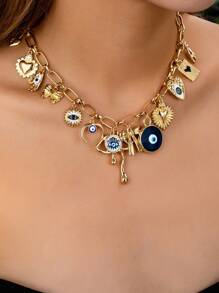 1 件邪眼蝴蝶结心形吊坠项链，金色多吊坠女士项链，哈玛萨手月亮吊坠项链，女士礼物，吊坠珠宝，情人节礼物情人节，妈妈，母亲，母亲节，礼物 - 彩色 - 查看 1