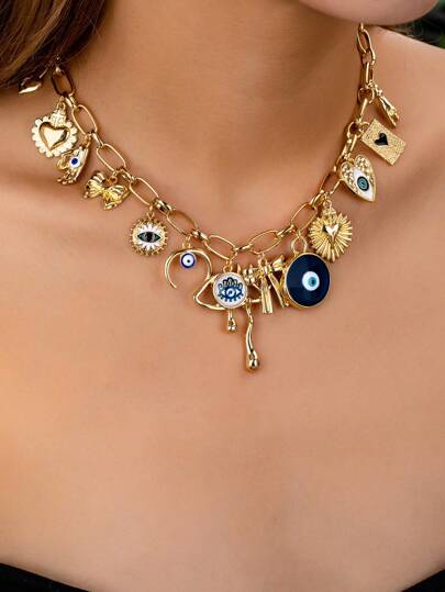 1 Pieza Collar con colgante de ojo malvado, corazón y lazo, de color dorado con múltiples dijes, collar con colgante de mano Hamasa y luna, para mujer, joyería con dijes, regalo de San Valentín, para mamá, Día de la Madre