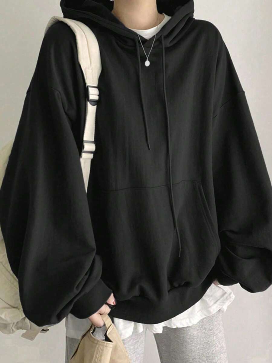 Women's Plain Oversized Solid Hooded Sweatshirt With Offset Layers - 黑色 - 查看 1