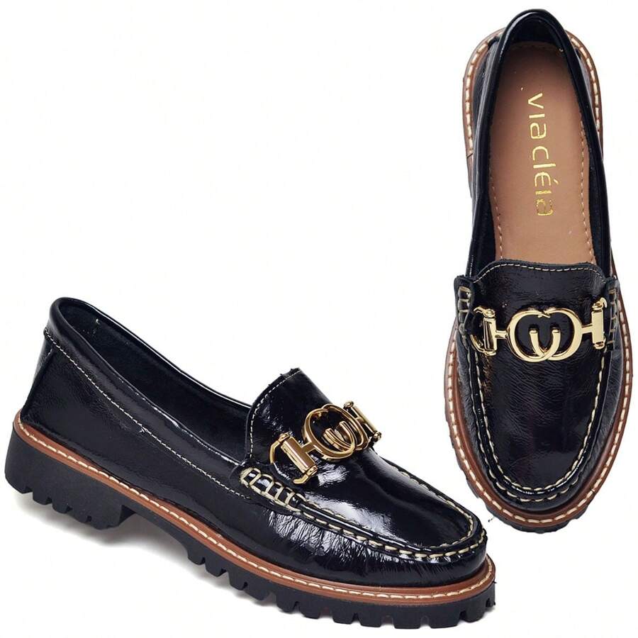 Women's Tractor Moccasin In Black Leather, Shiny Patent Leather With Gold Metal - Via Cléia - 黑色 - 查看 1