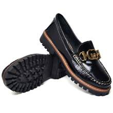Women's Tractor Moccasin In Black Leather, Shiny Patent Leather With Gold Metal - Via Cléia - 黑色 - 查看 4