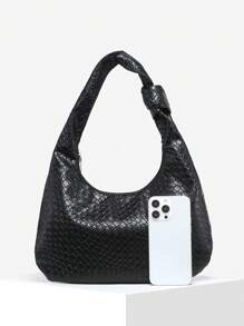 1pc Women's Retro Minimalist Casual Faux Leather Angora Red Woven Texture Large Capacity Shoulder Bag, Suitable For Outings, Dates, Commuting