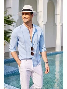 Camisas Casual Playa De Guayabera Cubana Para Hombre - Celeste - Ver 2