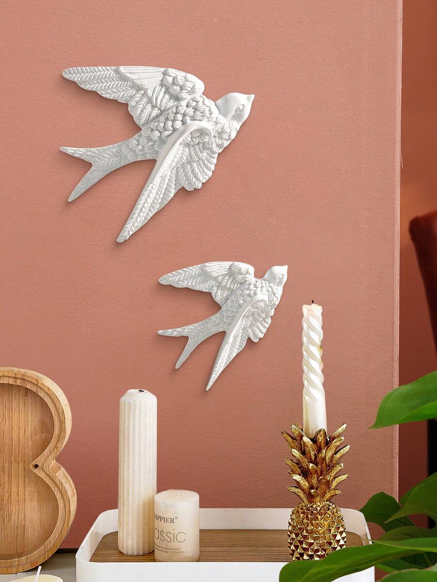 1件/2件 白色燕子樹脂壁掛飾品，飛翔燕子居家牆面裝飾，極簡 3D 浮雕牆飾，適用於居家、餐廳、派對、婚禮等場合的家居裝飾，玄關牆掛