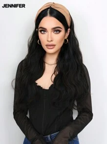 24 英寸卡其色扭纹头带假发合成长卷发假发黑色（浅棕色）蓬松波浪耐热纤维假发适合女性日常使用 - 自然黑 - 查看 5