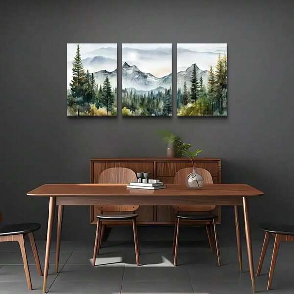 3 peças de arte de parede para sala de estar, decoração de parede para quarto, decoração de escritório, paisagens abstratas de montanha, floresta, pintura a tinta, impressões de arte em tela emolduradas, prontas para pendurar, fotos de parede, decoração moderna para casa, sem moldura