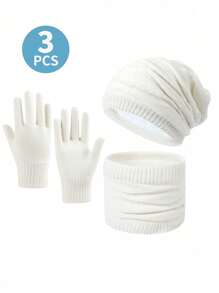 Bộ găng tay len đan giữ ấm cổ mùa đông thời tiết lạnh Bộ mũ len lông cừu rộng rãi Bộ găng tay len đan dài ngón cho nữ - bộ 3 món - Xem 3