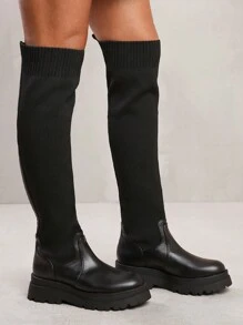 Where’s That From CLEO KNEE HIGH KNITTED SOCK BOOT - Black - View 1