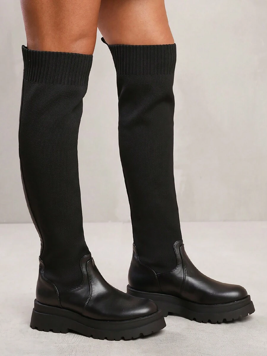 Where’s That From CLEO KNEE HIGH KNITTED SOCK BOOT - Black - View 1