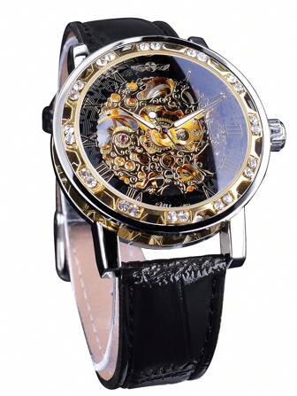 T-WINNER Black Golden Retro Luminous Hands Fashion Rhinestone Display Men's Mechanical Skeleton Wrist Watches Top Brand Luxury Clock