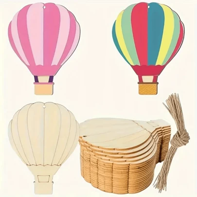 20pcs Wooden Hot Air Balloon Shaped Sliced Pieces For DIY Painting, With Jute Ropes, Home Christmas Tree Decor