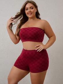 2pcs Plus Size Casual Plaid Lingerie Set - Off Shoulder Bandeau Bra And Boyshort Panty, Fashionable Combination For Women