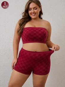 2pcs Plus Size Casual Plaid Lingerie Set - Off Shoulder Bandeau Bra And Boyshort Panty, Fashionable Combination For Women