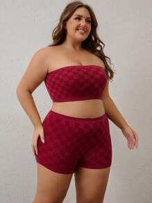 2pcs Plus Size Casual Plaid Lingerie Set - Off Shoulder Bandeau Bra And Boyshort Panty, Fashionable Combination For Women