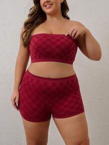 2pcs Plus Size Casual Plaid Lingerie Set - Off Shoulder Bandeau Bra And Boyshort Panty, Fashionable Combination For Women