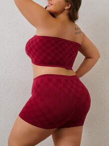 2pcs Plus Size Casual Plaid Lingerie Set - Off Shoulder Bandeau Bra And Boyshort Panty, Fashionable Combination For Women