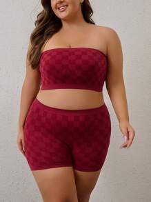 2pcs Plus Size Casual Plaid Lingerie Set - Off Shoulder Bandeau Bra And Boyshort Panty, Fashionable Combination For Women