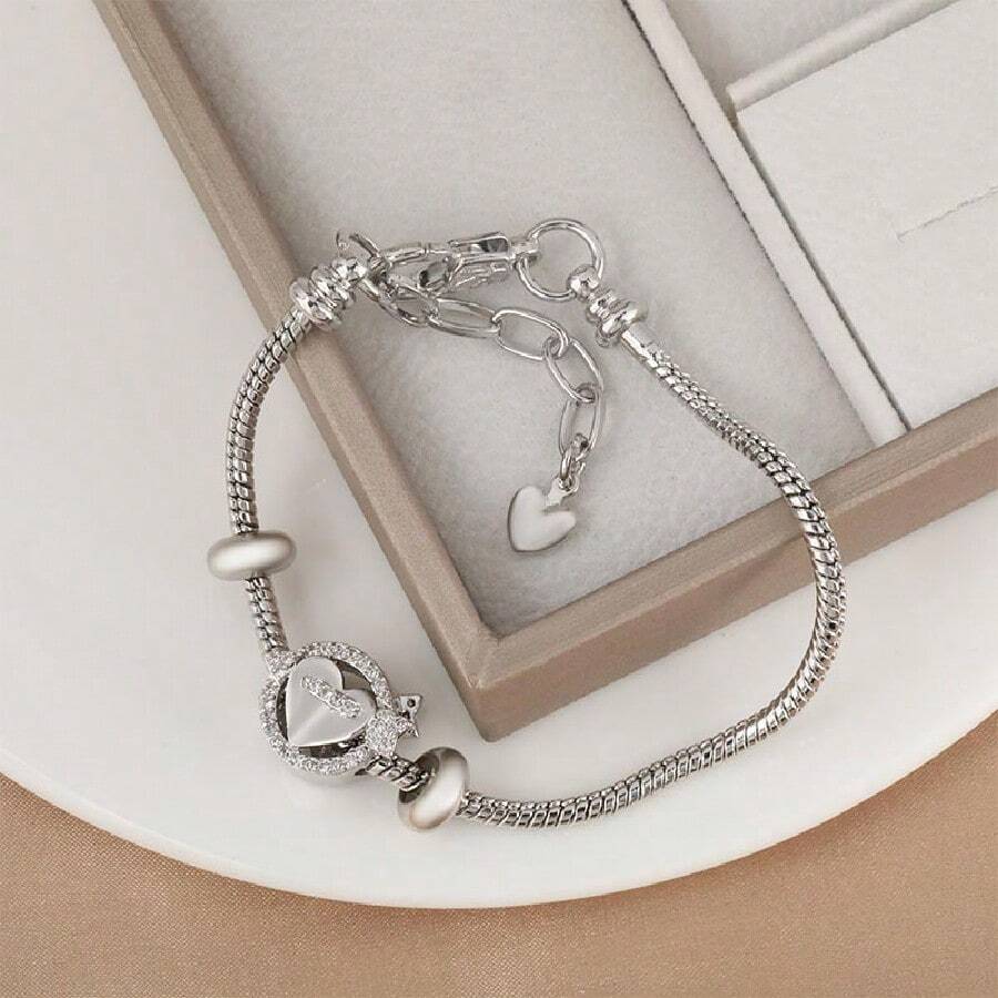 1 件银色时尚镀铜心形微镶锆石手链，适合女性日常佩戴 - 銀色 - 查看 1