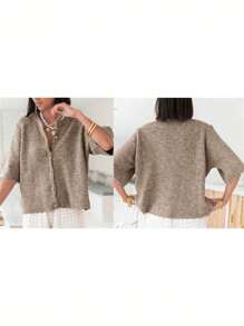 Women's Autumn Knitted Cardigan Half Sleeve Round Neck Solid Color Button Knitted Sweater, Y2K - 深卡其布色 - 查看 6