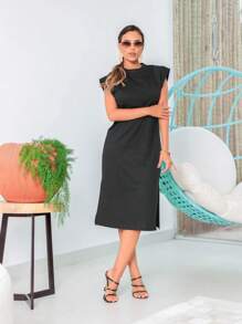 WOMEN'S MIDI DRESS 100% PREMIUM COTTON COMFORTABLE - Black - View 3