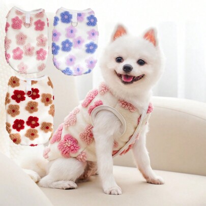 قطعة واحدة وجيلة دافئة مبطنة بالفلانيل مزخرفة بالزهور للقطط والكلاب في فصلي الخريف والشتاء، مناسبة للحيوانات الأليفة صغيرة/متوسطة الحجم