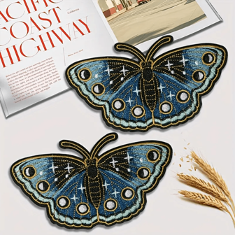 1pc Midnight Blue Butterfly Embroidered Patches With Moon Phases, Stars & Night Sky - Iron-On Appliques For DIY Clothing And Bag Decor