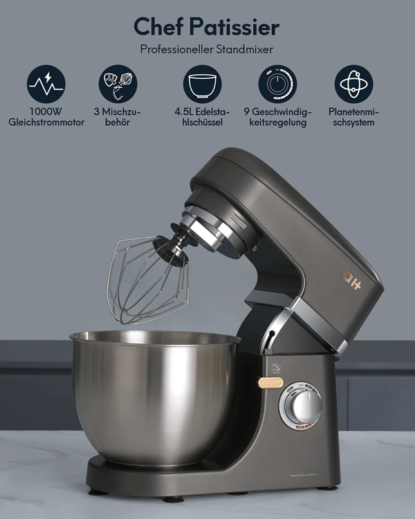 Máquina amasadora procesadora de alimentos Máquina mezcladora de masa de 1000 W con recipiente para mezclar de acero inoxidable de 5,5 L, sistema de mezcla planetario, gancho para masa, batidor plano, batidor, protector contra salpicaduras, apto para lavavajillas, gris