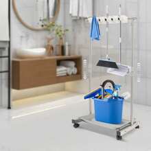 Broom And Mop Holder Cleaning Supplies Organizer Mop Organizer Height Adjustable 34.3-51.2in Freestanding Broom Holder W/4 Lockable Universal Wheels 5 Slots 6 Hooks For Home Restaurant Hotel