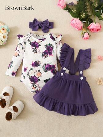 BrownBark 3pcs Baby Girl Elegant Cute Ditsy Floral Long Sleeve Bodysuit, Solid Color Pinafore Dress, Headband Set, Comfortable For Spring/Autumn, Casual, School, Outdoor, Street Style, Home