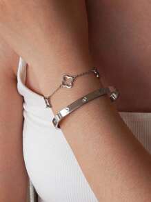 1 Set Minimalist & Elegant Stainless Steel Chain Bracelet & Bangle Decorated With Clover Element & Crystal Glass, Suitable For Women To Wear At Banquet, Daily Fashion, Commuting Or As Festival Gift
