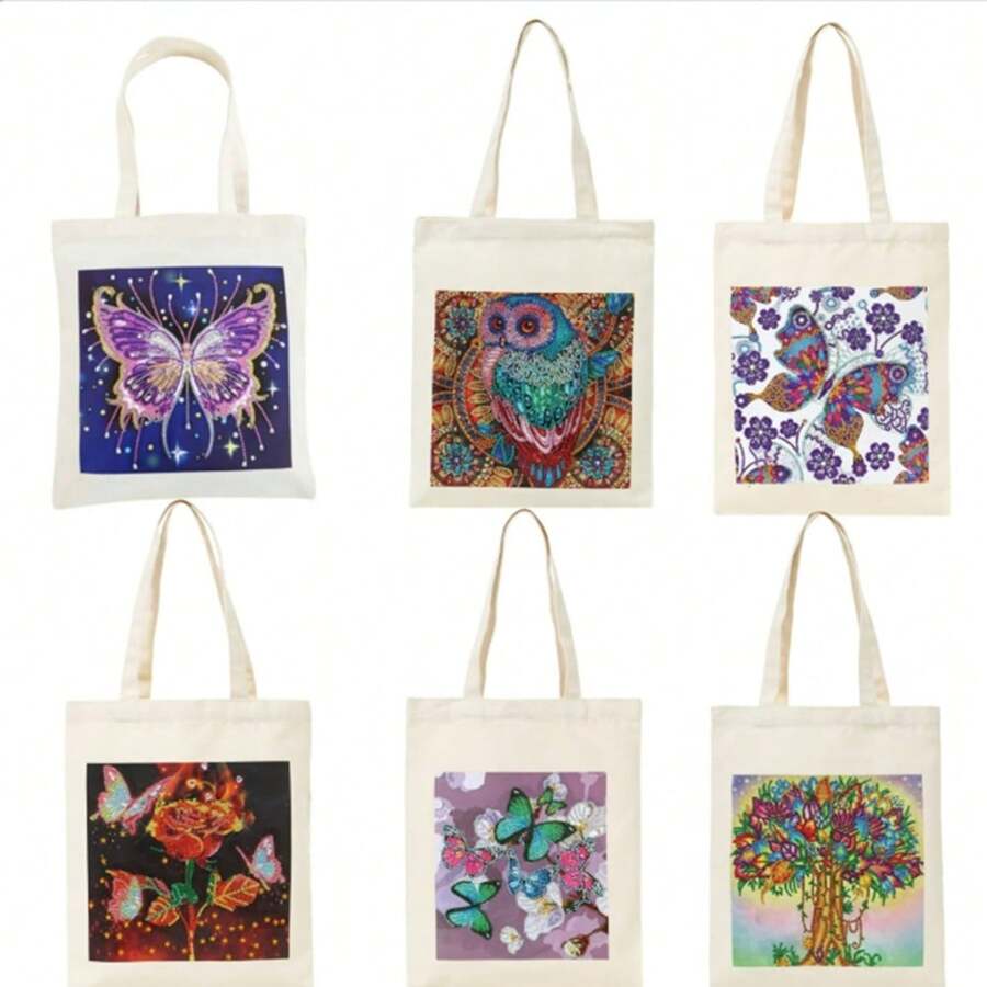 1 pieza Kit de Pintura de Diamantes para Dar Forma a Bolsas - Tamaño 28cmX35cm/11.02pulx13.78pulg Bolsa de Lienzo con Arte de Diamantes de Cristal de Estilo No Tejido con Diseños Florales, de Mariposa y de Pájaro - Bolsa de Hombro Ligera, Elegante y Linda para Moda Personalizada
