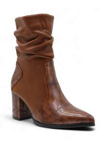 2025 Autumn/Winter, Fashionable Retro Snake Skin Embossed Pointed Toe Chunky Heel Ankle Boots, Outdoor, Warm, Classic, Winter - Camel - View 3