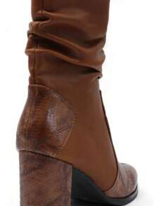 2025 Autumn/Winter, Fashionable Retro Snake Skin Embossed Pointed Toe Chunky Heel Ankle Boots, Outdoor, Warm, Classic, Winter - Camel - View 8