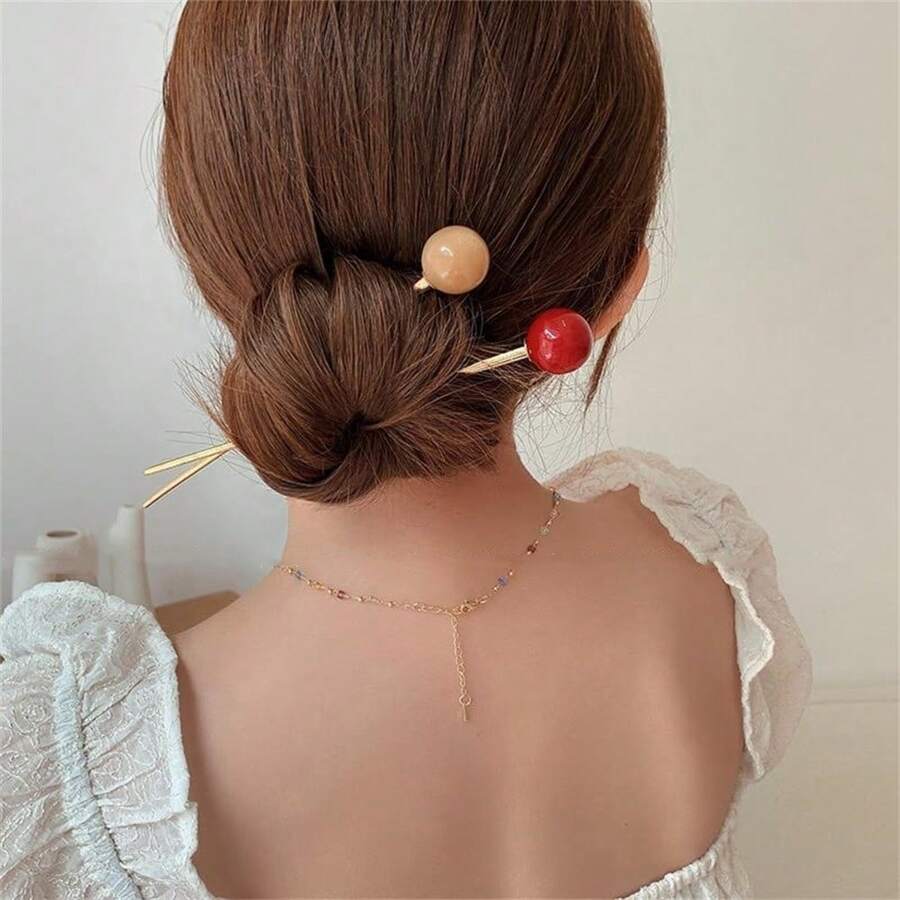 1pc Women's Multi-Color Metallic Round Ball Chinese Style Modern High-End Elegant Hair Stick, Versatile For Daily Wear - Multicolor - View 1