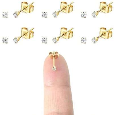 6 Pairs Gold Plated Surgical Steel Cartilage Piercing Tiny Stud Earrings Set 2MM, Fashion Simple Style Cubic Zirconia Ear Studs For Women Men Jewelry Gifts