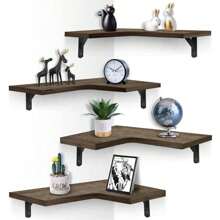 Set Of 4 Rustic Wood Floating Corner Shelves For Bedroom, Living Room, Bathroom, Kitchen, Office And More - 彩色 - 查看 1