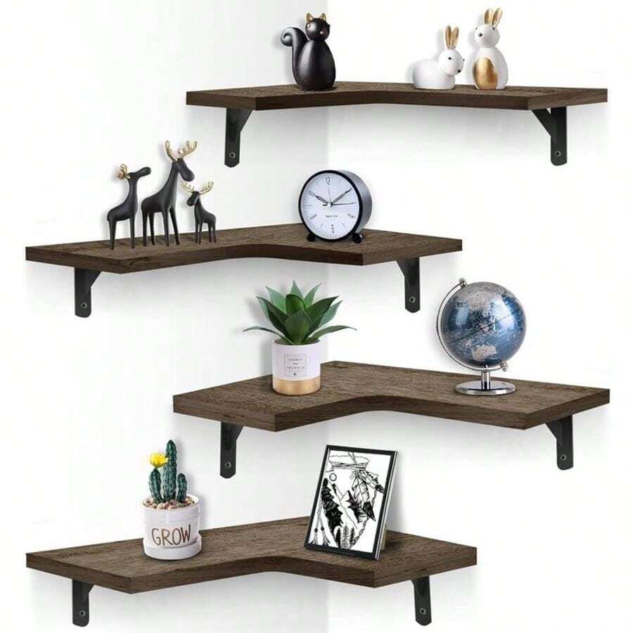 Set Of 4 Rustic Wood Floating Corner Shelves For Bedroom, Living Room, Bathroom, Kitchen, Office And More - 彩色 - 查看 1