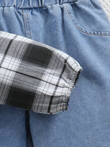 2pcs/Set Girls Casual Color Block Plaid Short Top And Straight Leg Jeans Pants Suit, Spring/Autumn 2024 - Black - View 3