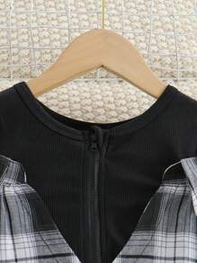 2pcs/Set Girls Casual Color Block Plaid Short Top And Straight Leg Jeans Pants Suit, Spring/Autumn 2024 - Black - View 2