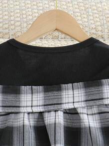 2pcs/Set Girls Casual Color Block Plaid Short Top And Straight Leg Jeans Pants Suit, Spring/Autumn 2024 - Black - View 7