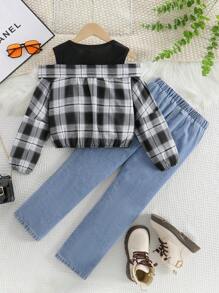 2pcs/Set Girls Casual Color Block Plaid Short Top And Straight Leg Jeans Pants Suit, Spring/Autumn 2024 - Black - View 6