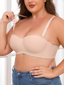 1 Pc Plus Size Cor Sólida Levanta E Sutiã Com Aro De Suporte, Conforto Elegante, Design Minimalista, Alças Ajustáveis, Meia Cobertura Estilo Romântico Francês - Damasco - Ver 3