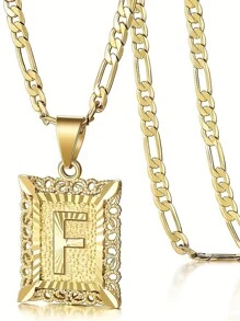 Initial Necklace Square Letter Pendant Necklace Capital Monogram Necklace Alhpabets from A-Z Figaro Chain Necklace - Yellow Gold - View 18