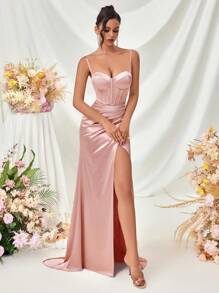Women's Deep V-Neck Backless Slit Maxi Formal Dress, For Party, Banquet, Wedding Events, Prom Evening Gown, For Wedding Guest, Dinner Easter Dress Summer,Graduation Dress
