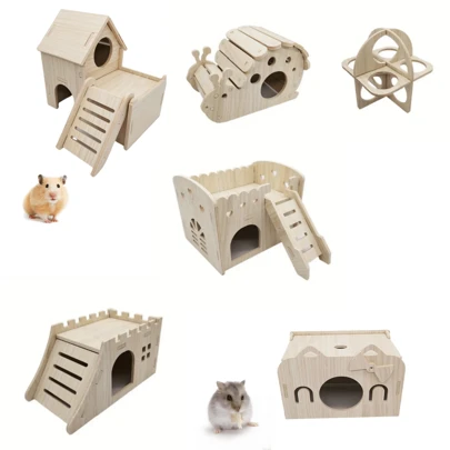 1 件木制仓鼠玩具，带藏身处的小屋，笼子景观平台，适合仓鼠等小动物攀爬玩耍